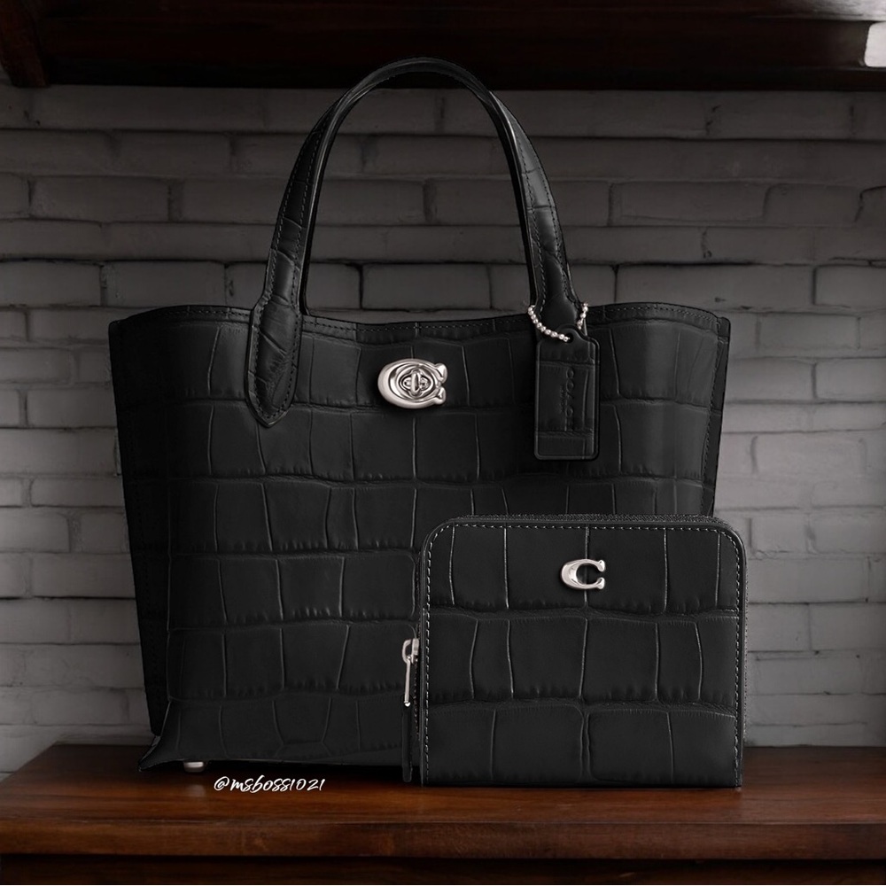 Coach Embossed Croc Willow Tote 24 + Wallet in Black NWT